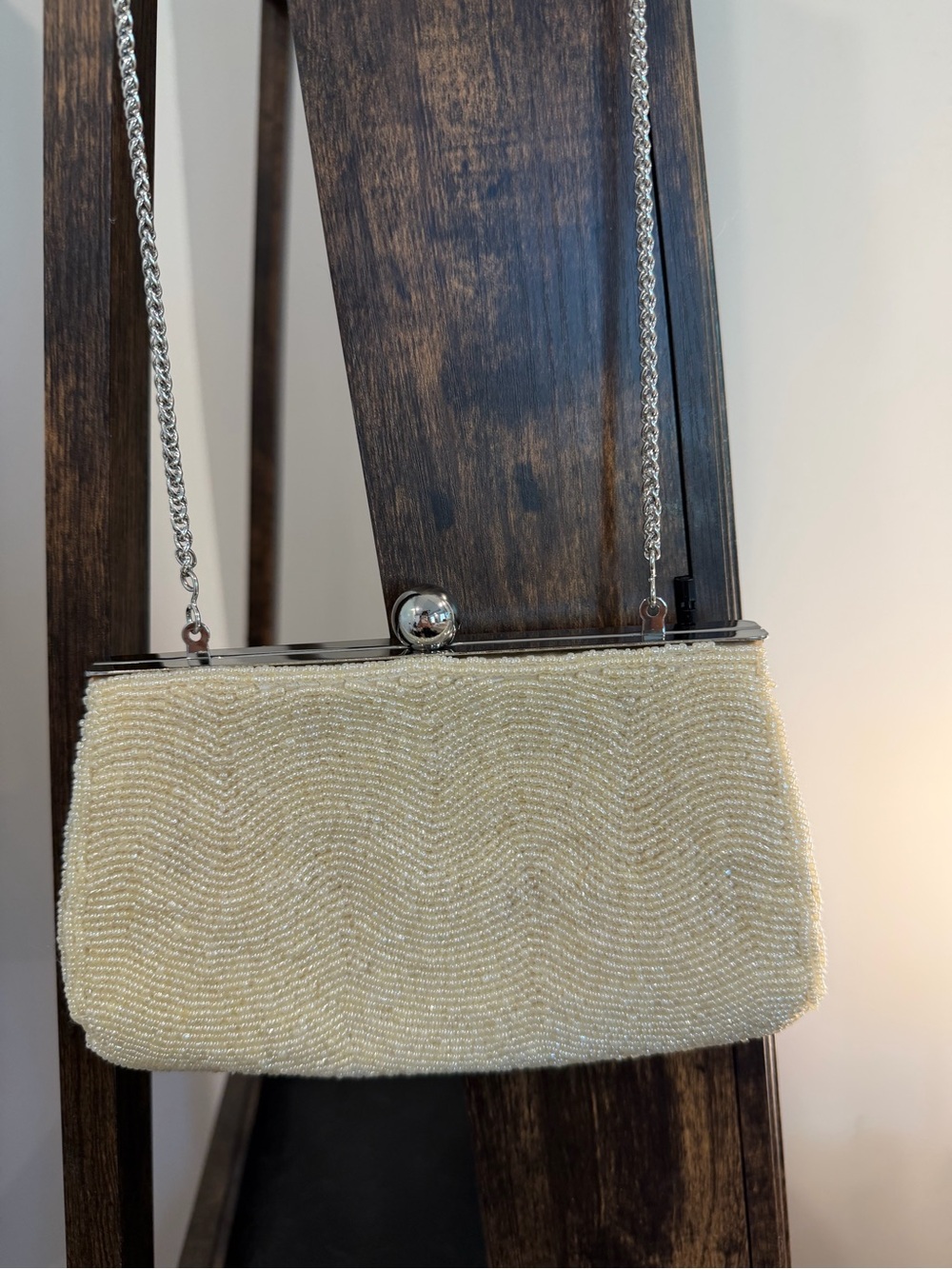 Nina Beaded Cream Evening Clutch with Chain Strap